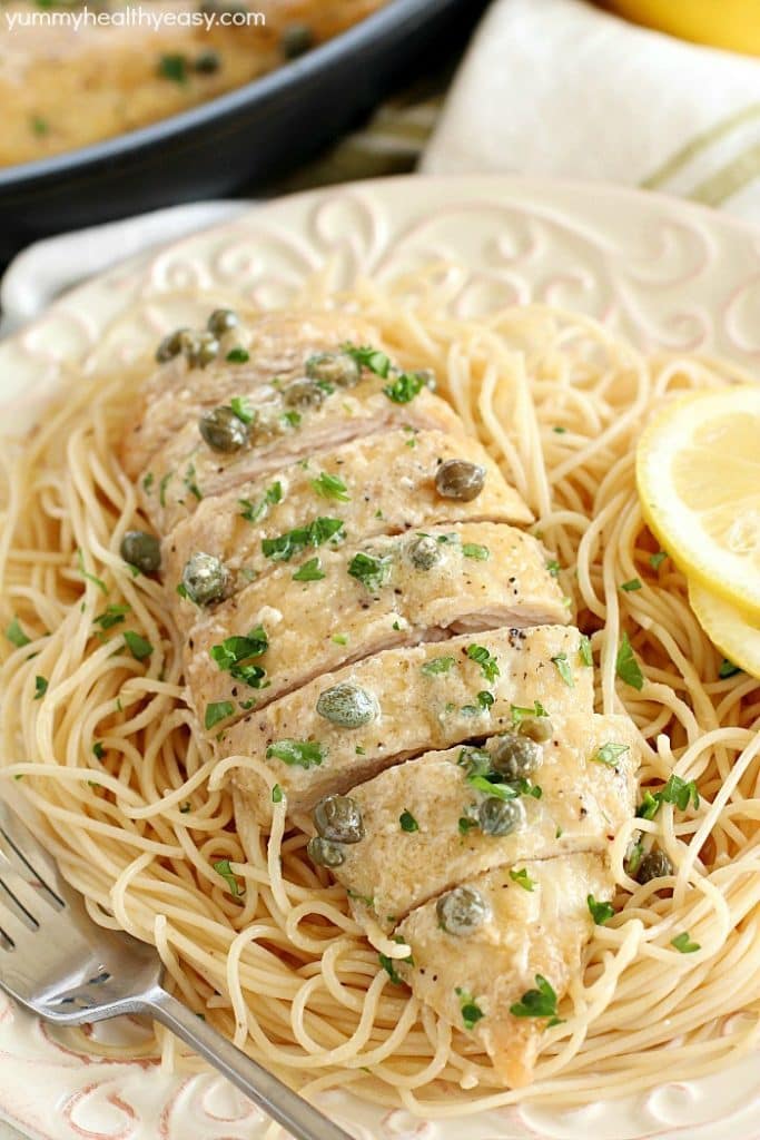 This Chicken Piccata Recipe is lighter (aka skinny) and is so easy to make! Perfect on a busy weeknight but also fancy enough to make when you have company over! It’s made in only one pan and is bursting with lemony, buttery, creamy flavor. So much flavor in every bite of tender chicken!