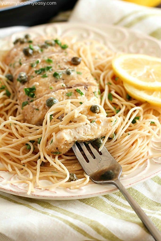 This Chicken Piccata Recipe is lighter (aka skinny) and is so easy to make! Perfect on a busy weeknight but also fancy enough to make when you have company over! It’s made in only one pan and is bursting with lemony, buttery, creamy flavor. So much flavor in every bite of tender chicken!