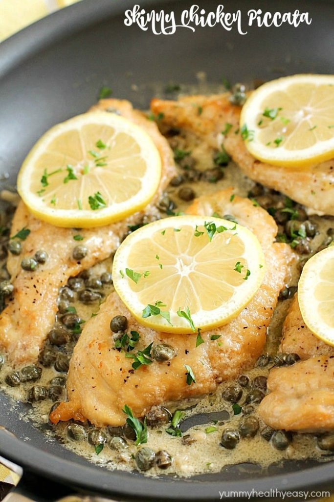 This Chicken Piccata Recipe is lighter (aka skinny) and is so easy to make! Perfect on a busy weeknight but also fancy enough to make when you have company over! It’s made in only one pan and is bursting with lemony, buttery, creamy flavor. So much flavor in every bite of tender chicken!
