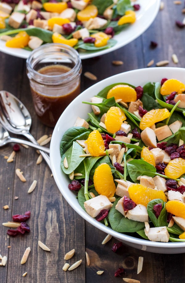 Teriyaki Chicken and Spinach Salad - a fresh and delicious Asian inspired salad served with a teriyaki vinaigrette!