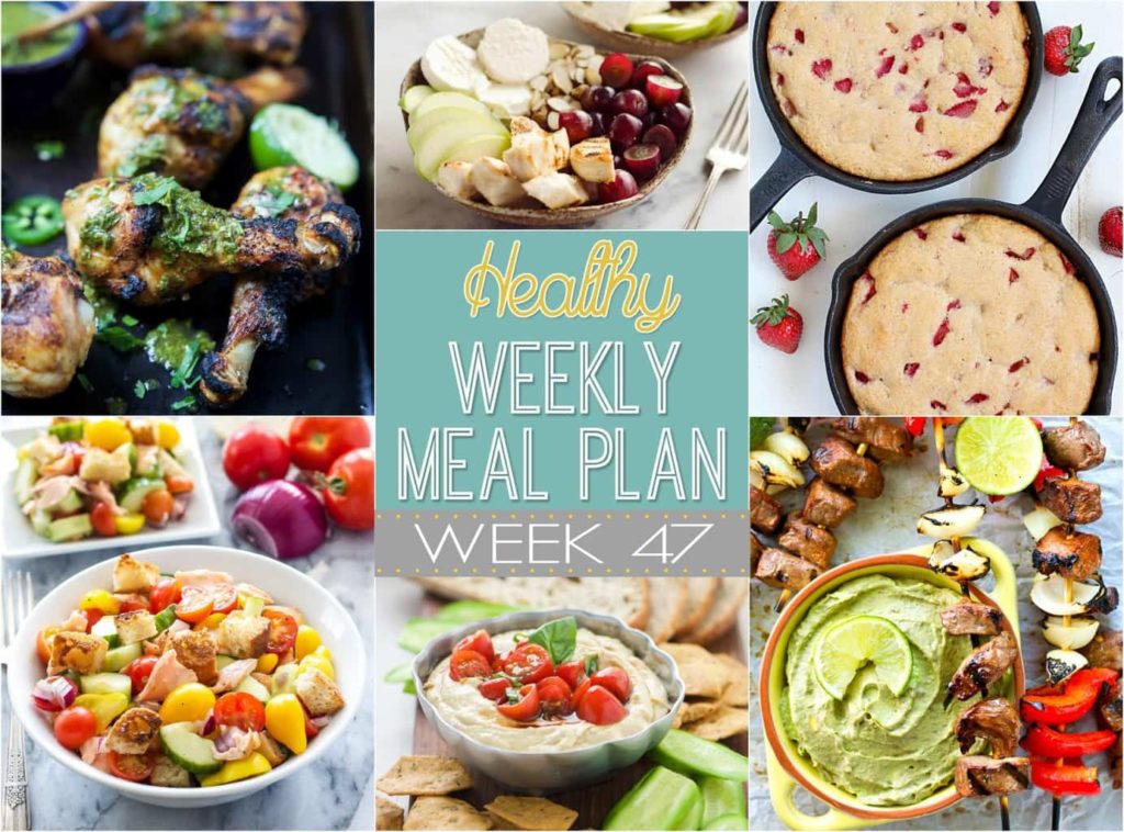 Get ready for a delicious & healthy menu for the week! Healthy Weekly Meal Plan #47 is full of yummy dinner recipes, plus a healthy lunch, side dish, snack, and dessert. You won't want to miss this one!