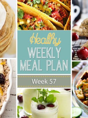 Healthy Weekly Meal Plan #57 is full of delicious healthy dinner recipes but also includes a healthy breakfast, lunch, side dish and dessert! So many yummy good-for-you recipes all in one place to make your meal planning super easy!