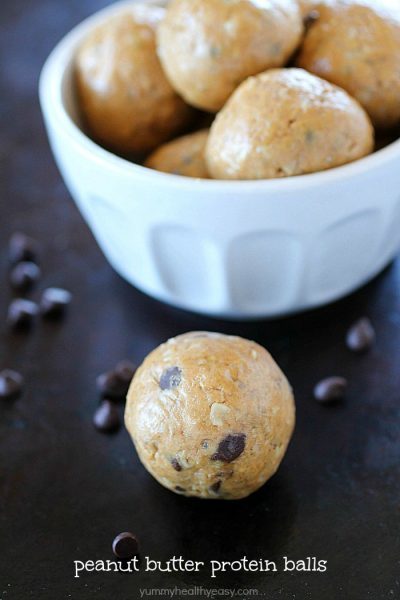 Protein balls filled with peanut butter, protein powder and oats make the most delicious on-the-go snack! Whenever you need a little protein boost to get you to the next meal, these little bites have you covered!