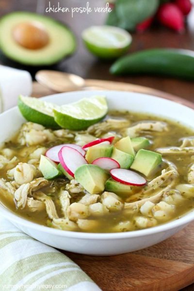 This Chicken Posole Verde Recipe has shredded chicken and tender hominy in a crazy flavorful verde broth! Such wonderful flavor in the verde sauce, you won't even believe it! This soup is best served with radishes, cilantro, avocado, queso fresco and/or tortilla chips. (Skip the chips to keep this gluten free!) AD