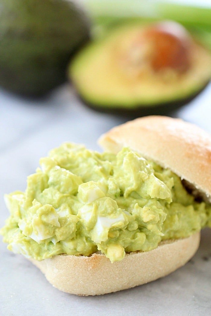 This Avocado Egg Salad is completely mayo-free and seriously tastes amazing! Imagine if guacamole and hard boiled eggs had a baby, it would be Avocado Egg Salad! This healthy recipe only takes a few minutes to whip up and is protein & fiber rich! AD