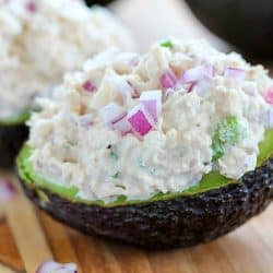 Check out my secret ingredient in my tuna salad recipe! Loads of crunch in these Keto Tuna Salad Stuffed Avocados!