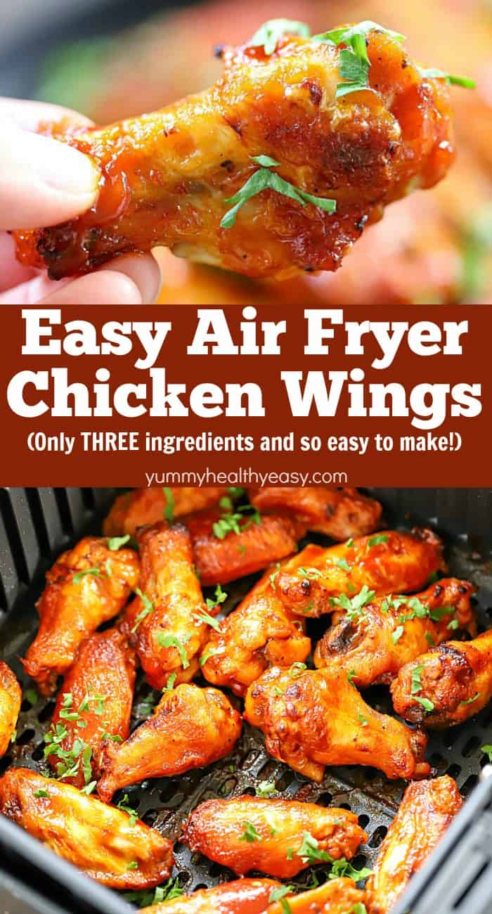 If you love chicken wings, you have to try this Air Fryer Chicken Wings Recipe! This will be your new, go-to, favorite wing recipe from now on! They're healthier, easy to make and only THREE ingredients needed!! #recipe #yummy #healthy #easy #airfryer #chicken #wings #appetizer #partyfood