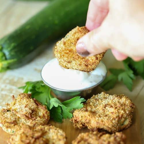 Breaded Zucchini dipped in a yummy sauce.